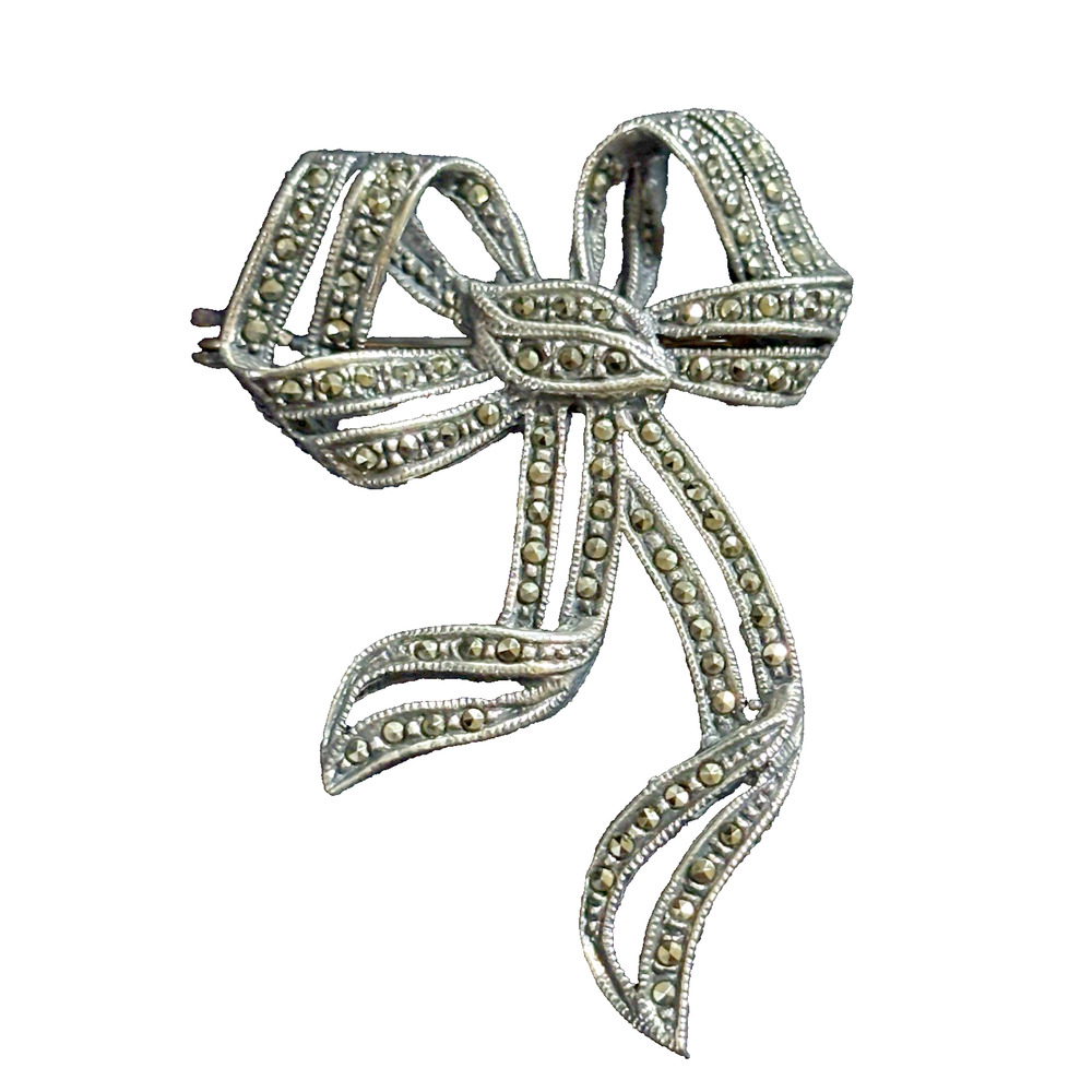 Vintage Sterling Silver & Marcasite Bow Brooch Pin Openwork Bow Silver Brooch 2"